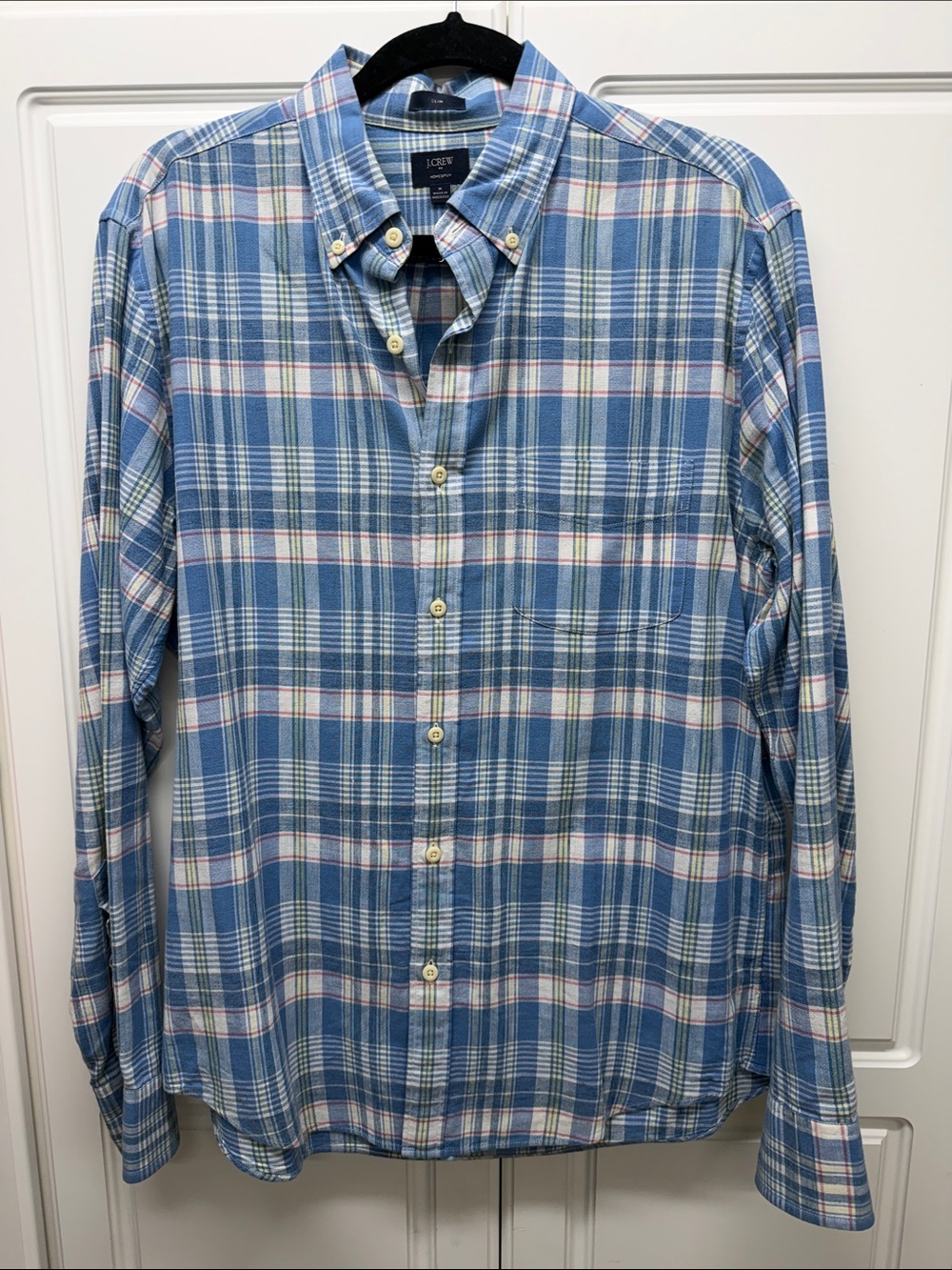 J. Crew Light Blue Plaid Button-Down Shirt with Pink and Green Accents